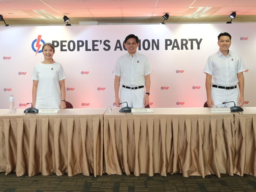 PAP second assistant secretary-general Chan Chun Sing (centre) introducing new candidates (from left) Ms Chan Hui Yuh, Ms Carrie Tan, Mr Shawn Huang Wei Zhong and Ms Mariam Jaafar on June 26, 2020.
