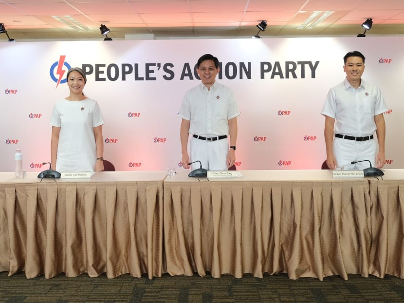 PAP second assistant secretary-general Chan Chun Sing (centre) introducing new candidates (from left) Ms Chan Hui Yuh, Ms Carrie Tan, Mr Shawn Huang Wei Zhong and Ms Mariam Jaafar on June 26, 2020. PAP second assistant secretary-general Chan Chun Sing (centre) introducing new candidates (from left) Ms Chan Hui Yuh, Ms Carrie Tan, Mr Shawn Huang Wei Zhong and Ms Mariam Jaafar on June 26, 2020.