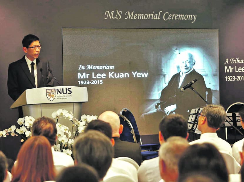 Professor Tan Chorh Chuan, President of National University of Singapore, delivered a eulogy to more than 1000 NUS staff, students and alumni who turned up at the Lee Kuan Yew School of Public Policy, on 24 March 2015. Photo: Raj Nadarajan