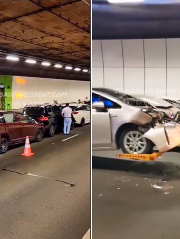 Screengrab from a video on Facebook showing the scene of the collision and the damage sustained by one of the vehicles (right) involved. Screengrab from a video on Facebook showing the scene of the collision and the damage sustained by one of the vehicles (right) involved.