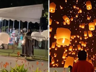 An event to release candle-lit lanterns into the air at Singapore's Sentosa Island that was advertised (right) did not materialise and patrons were left to hang lanterns on barricades (left). 