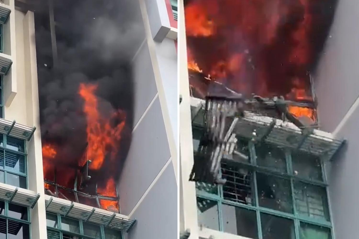 Video footage shows an intense blaze engulfing a flat’s windows, followed by parts of the window and sunshade breaking off and falling. Video footage shows an intense blaze engulfing a flat’s windows, followed by parts of the window and sunshade breaking off and falling.