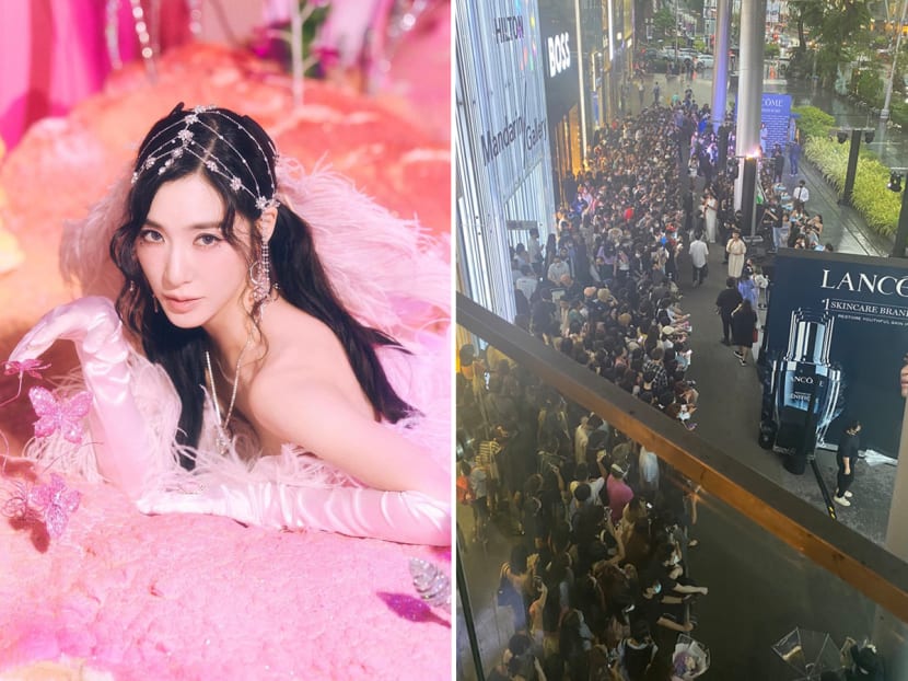 SNSD star Tiffany Young (left) made a guest appearance at a Lancome event on Orchard Road and it drew a large crowd despite the rainy weather on Aug 24, 2022. 