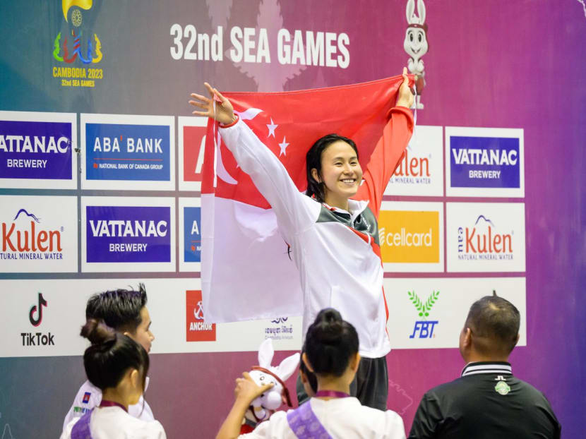 Singapore's Quah Ting Wen celebrating her SEA Games gold medal in the 100m freestyle on May 8, 2023. 