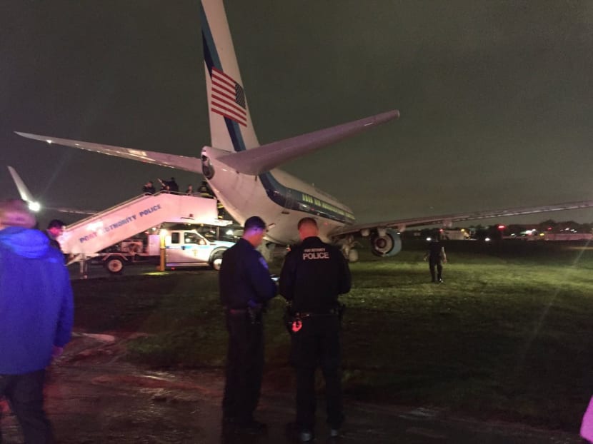 Mr Mike Pence's plane, which skidded off the airport runway at New York. Photo: ABC News/Twitter