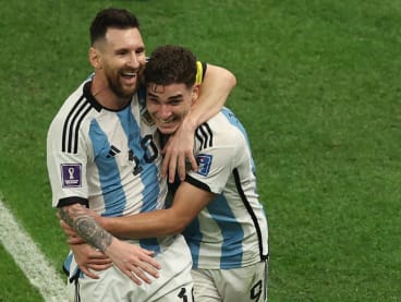 Argentina's Julian Alvarez (right) celebrates with teammate Lionel Messi after scoring his team's second goal during the Qatar 2022 World Cup semi-final match between Argentina and Croatia at Lusail Stadium on Dec 13, 2022.