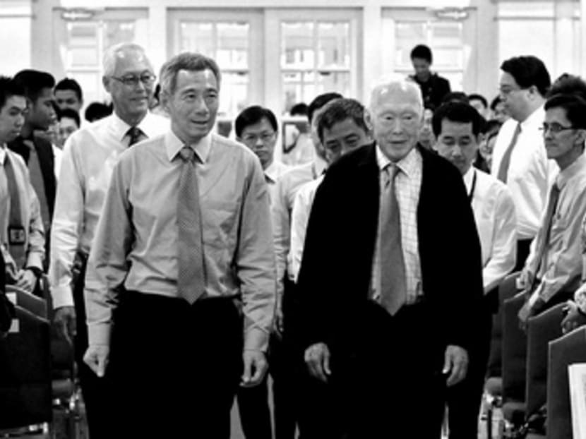 Current PM Lee Hsien Loong and former PMs the late Mr Lee Kuan Yew and ESM Goh Chok Tong at an event at the Istana in 2012. All eyes are also on the emergence of the country’s next Prime Minister, and the person could very well be making his inaugural appearance in the political arena this election. TODAY File Photo