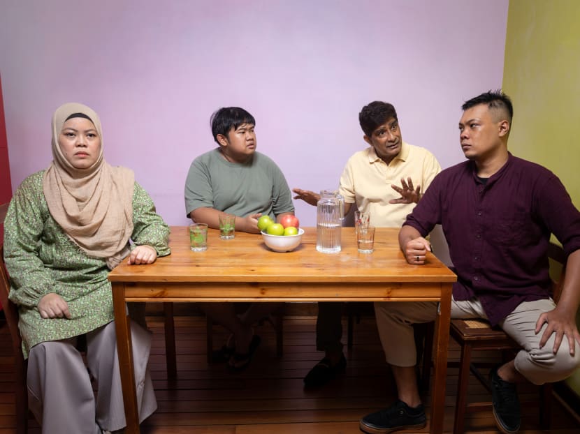 In a staged production titled Kata-Kata Kita, family members have to face the challenges of caring for an ailing father. The cast from left to right: Ms Dalifah Shahril, Mr Izzul Irfan, Mr R Chandran and Mr Farez Najid. In a staged production titled Kata-Kata Kita, family members have to face the challenges of caring for an ailing father. The cast from left to right: Ms Dalifah Shahril, Mr Izzul Irfan, Mr R Chandran and Mr Farez Najid.
