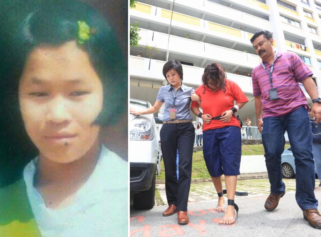 (Left) An old picture of Piang Ngaih Don. (Right) Gaiyathiri Murugayan in the centre being led by investigators to her Bishan flat in 2016 for a re-enactment of how Piang died.