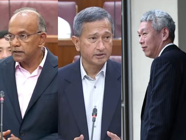 (From left) Singapore's Home Affairs and Law Minister K Shanmugam, Foreign Affairs Minister Vivian Balakrishnan and Mr Lee Hsien Yang.
