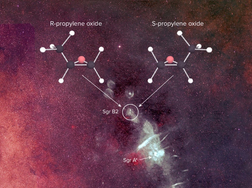 A depiction of the complex organic molecule propylene oxide is seen over a background image of the center of the Milky Way galaxy in an undated composite image provided by the U.S. National Radio Astronomy Observatory. Scientists said on Tuesday they detected propylene oxide near the center of our Galaxy in Sagittarius.  Photo via Reuters
