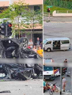 Pictures posted on a Telegram chat group showing a badly crushed, overturned black car along with other vehicles that sustained damage after a crash.