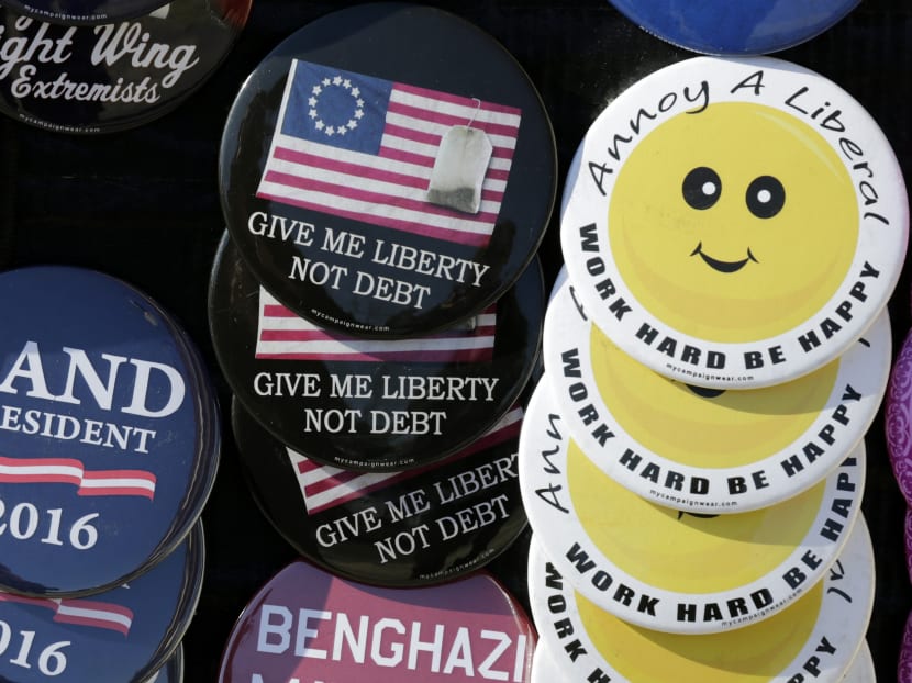 Campaign buttons supporting Republican presidential candidate Sen. Rand Paul, R-Ky., are displayed during a campaign stop at the D.W. Diner in Merrimack, N.H., Saturday, April 18, 2015. Photo: AP