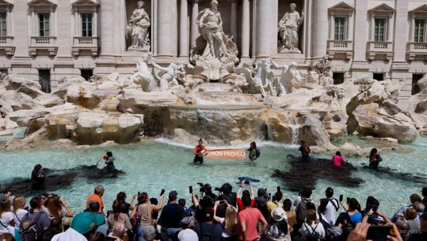 Trevi Fountain water turns black in Rome climate protest Trevi Fountain water turns black in Rome climate protest