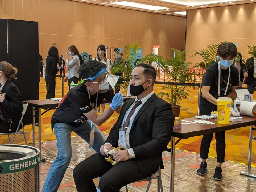 Attendees at the Singapore International Energy Week conference undergoing antigen rapid tests for Covid-19 on Oct 26, 2020.