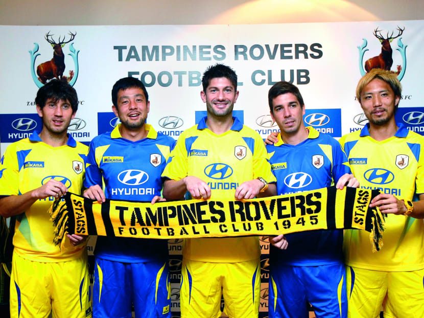 From left: New Tampines signings Martinez Roberto Gamarra, Kunihiro Yamashita, Miljan Mrdakovic, Luis Gonzalez, Norihiro Kawakami. Photo: Wee Teck Hian