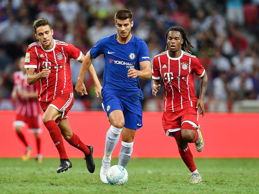 Alvaro Morata running away from his markers during Chelsea's International Champions Cup match against Bayern Munich at the National Stadium on July 25, 2017 in Singapore.  Photo: International Champions Cup Singapore 2017