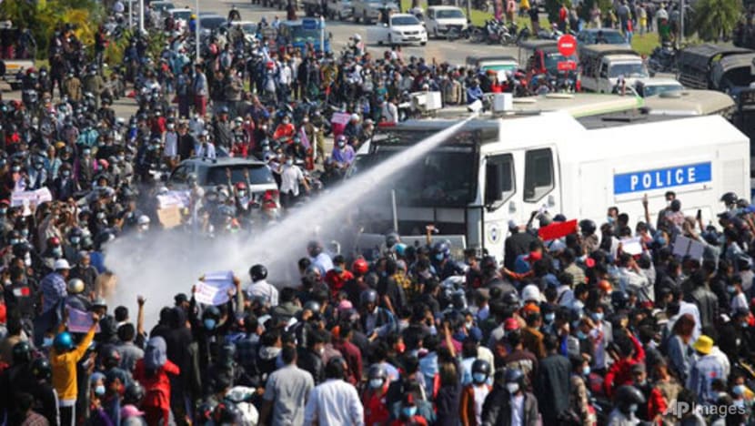 Myanmar police fire water cannon in Naypyidaw, warn protesters to disperse or face force Myanmar police fire water cannon in Naypyidaw, warn protesters to disperse or face force