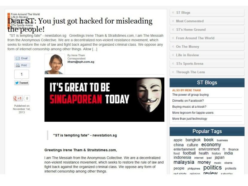 The Straits Times webpage that was hacked on Nov 1, 2013.