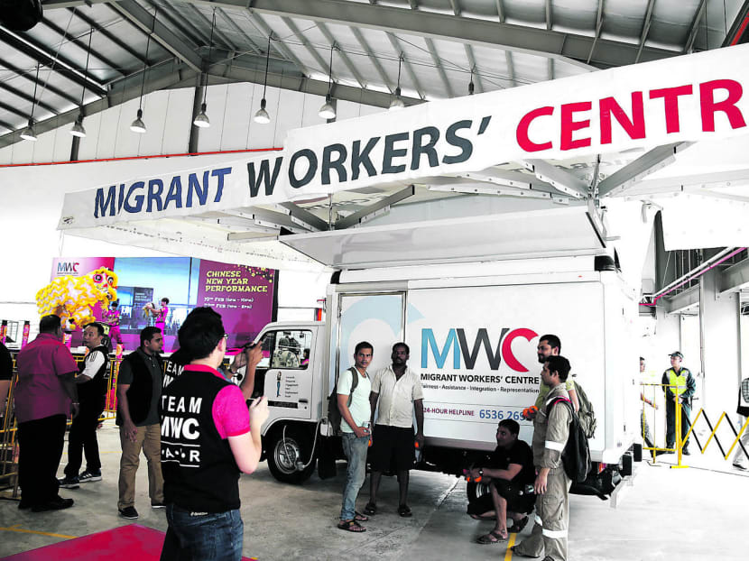 The Migrant Workers’ Centre’s first mobile office at the Penjuru Recreation Centre yesterday. Photo: Wee Teck Hian