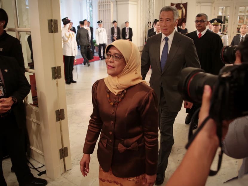 Newly sworn-in President Halimah Yacob pledged to uphold multi-racialism, meritocracy, stewardship in her first speech at the Istana on Thursday (Sept 14). Photo: Jason Quah/TODAY