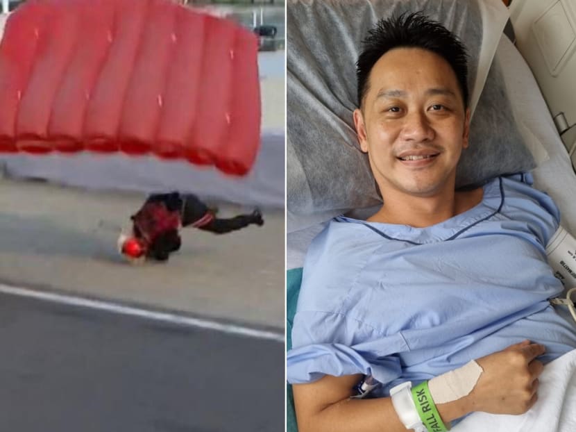 Third Warrant Officer Jeffrey Heng (pictured right) is recovering in hospital after a bad landing (left) during the National Day Parade on Aug 9, 2022.