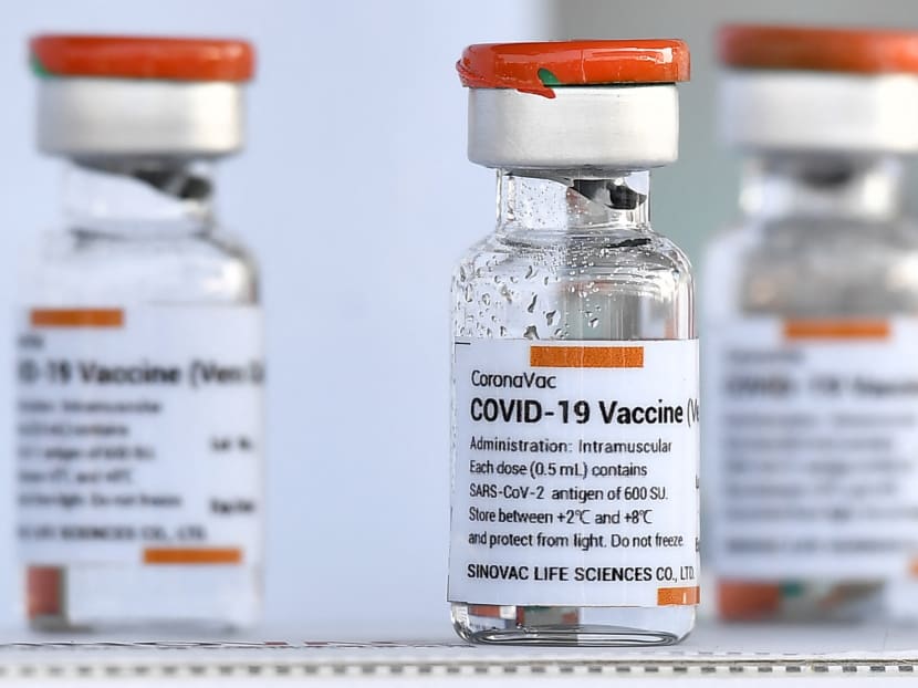 Vials of the CoronaVac vaccine, developed by China's Sinovac, are displayed in Bangkok on Feb 24, 2021.