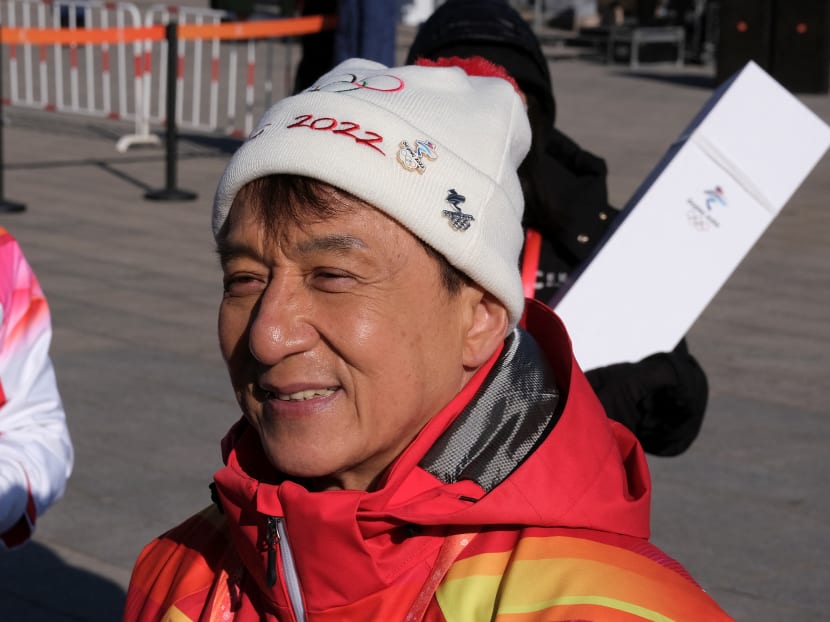 Actor Jackie Chan talks to the media after taking part in the Torch Relay at the Badaling section of the Great Wall in Yanqing district, on Feb 3, 2022.
