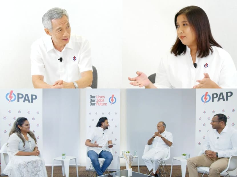 Mr Lee Hsien Loong (top left) and Ms Nadia Ahmad Samdin (top right) at an e-rally on July 8, 2020 that covered topics on race and religion. Mr K Shanmugam (bottom, second from right) was at a Tamil e-rally that touched on similar issues.
