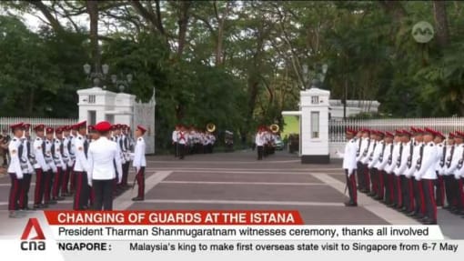 President Tharman witnesses changing of guards ceremony at the Istana