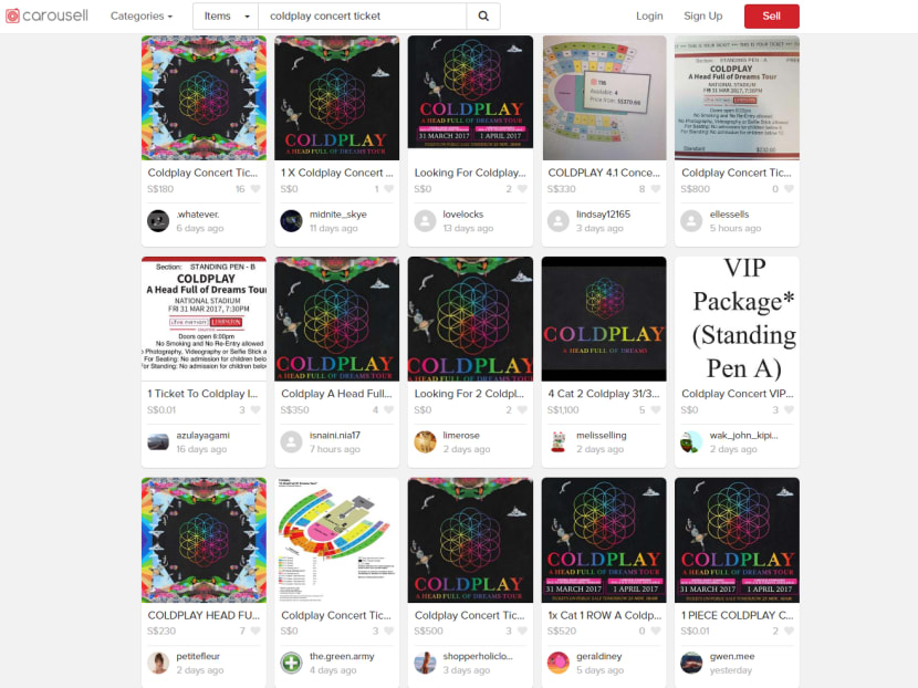 A screenshot of Coldplay concert tickets on sale on Carousell.