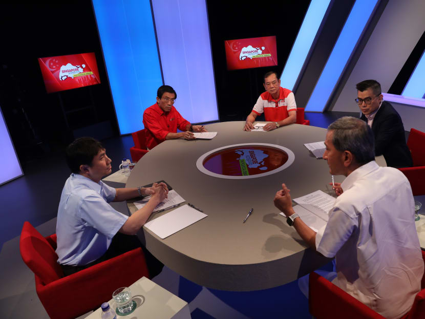 Clockwise from right: Dr Vivian Balakrishnan, Dr Jamus Lim, Dr Chee Soon Juan, Mr Francis Yuen and moderator Jaime Ho from Mediacorp in a live televised political debate on July 1, 2020.