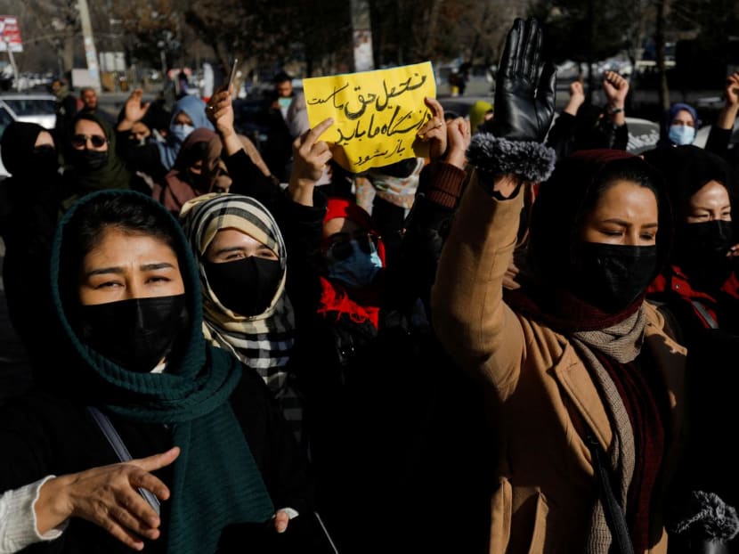 Afghan women chant slogans in protest against the closure of universities to women by the Taliban in Kabul, Afghanistan, on Dec 22, 2022. 