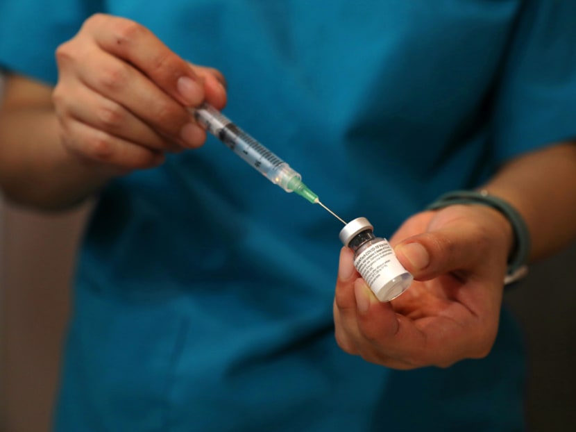 A vial of the Pfizer-BioNTech Covid-19 vaccine used at a community vaccination centre in Singapore on Jan 27, 2021.