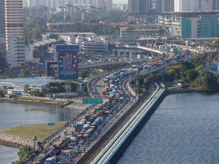 The traffic jam on the Woodlands Causeway in the direction towards Singapore seen on Tuesday (March 17, 2020) at 5:45pm. Prime Minister Lee Hsien Loong said the flow of goods and cargo will be allowed between Singapore and Malaysia during the latter’s nationwide lockdown.