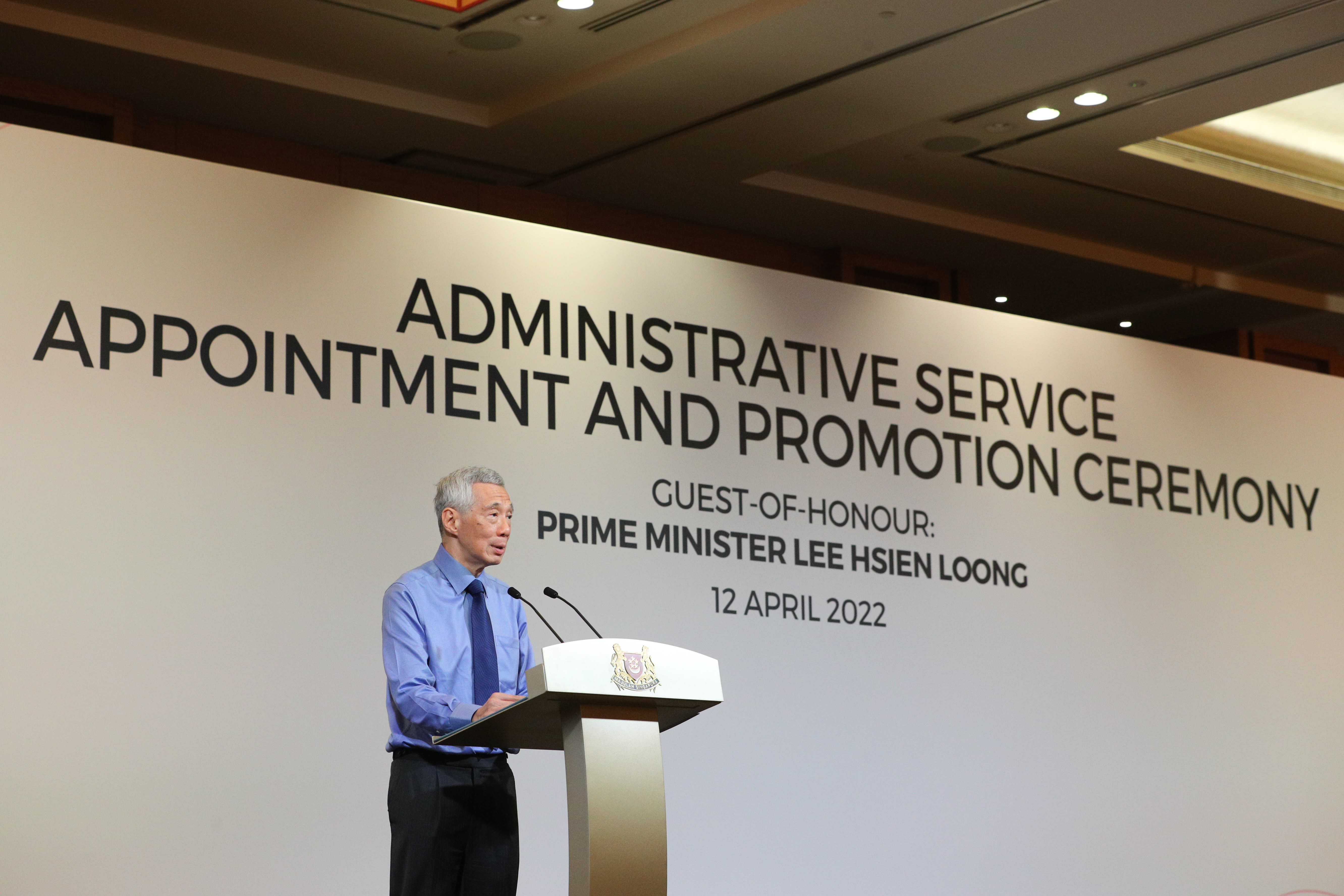 Prime Minister Lee Hsien Loong speaking at the annual Administrative Service dinner and promotion ceremony at the Marina Bay Sands Expo and Convention Centre on April 12, 2022.