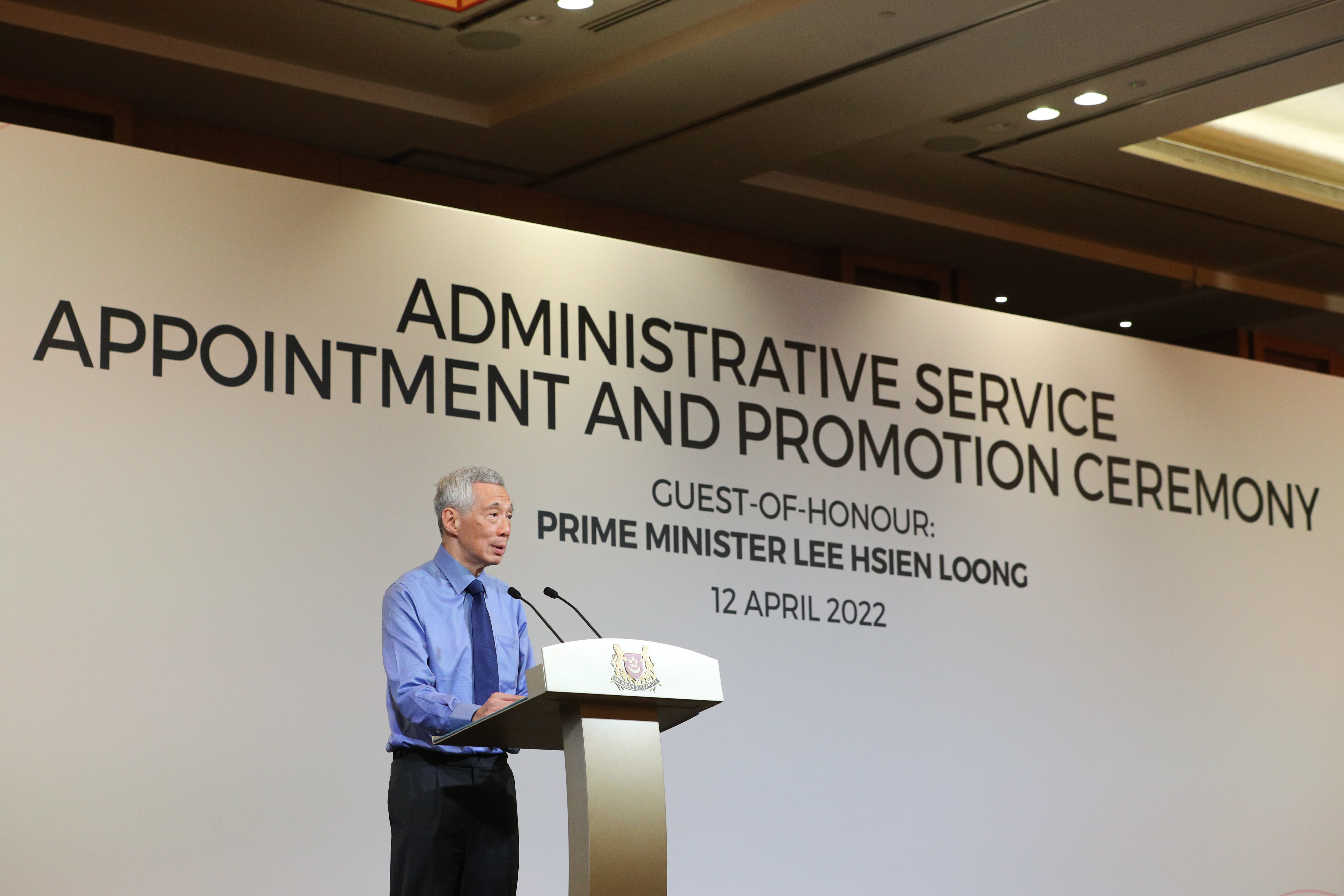 Prime Minister Lee Hsien Loong speaking at the annual Administrative Service dinner and promotion ceremony at the Marina Bay Sands Expo and Convention Centre on April 12, 2022. Prime Minister Lee Hsien Loong speaking at the annual Administrative Service dinner and promotion ceremony at the Marina Bay Sands Expo and Convention Centre on April 12, 2022.