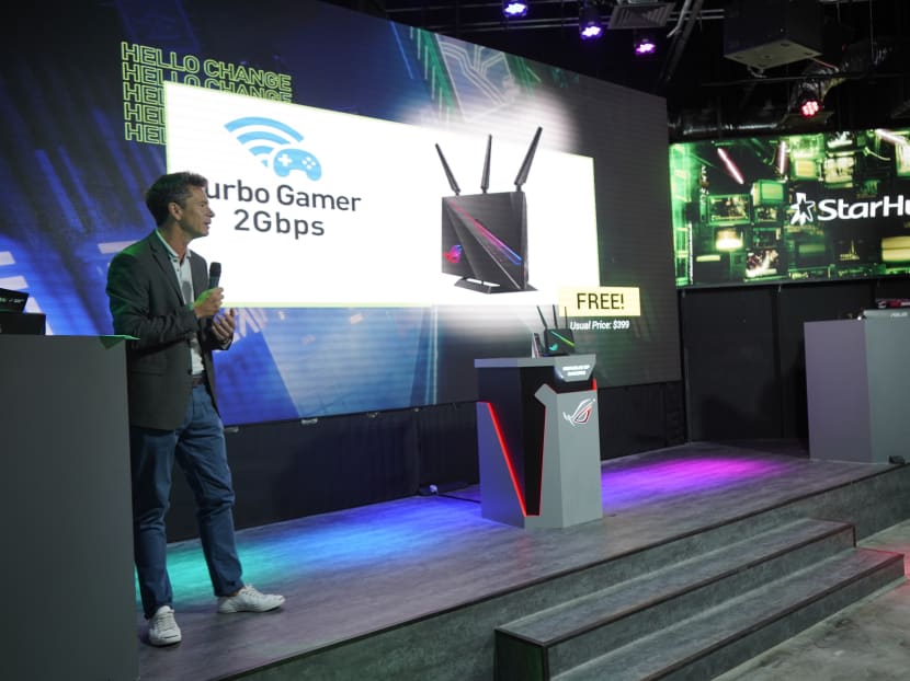 Mr Yann Courqueux, StarHub’s vice president (home product), speaking during a joint presentation with Asus on the launch of a new high-speed gaming router.