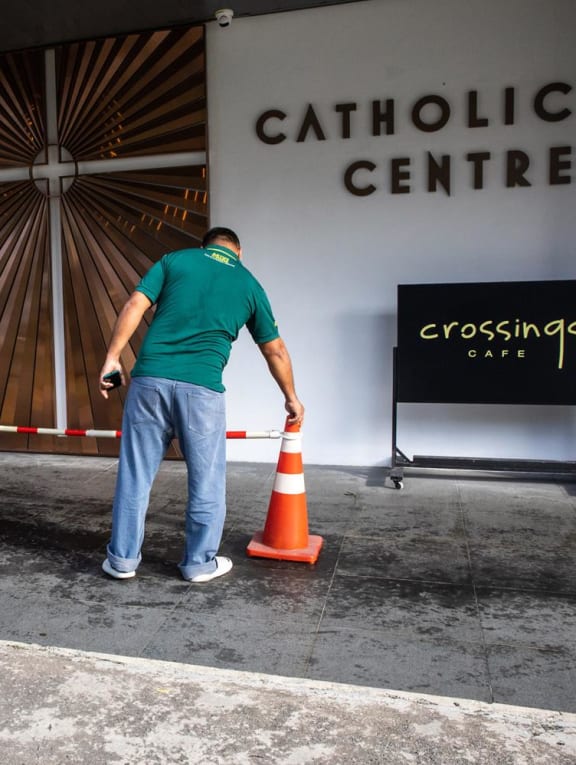 Stains on the floor seen around the entrance of Catholic Centre on Jan 18, 2023. 