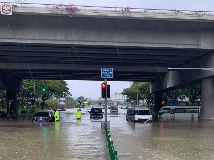 Flooding at the junction of Tampines Avenue 10 and Pasir Ris Drive 12 on Aug 20, 2021.