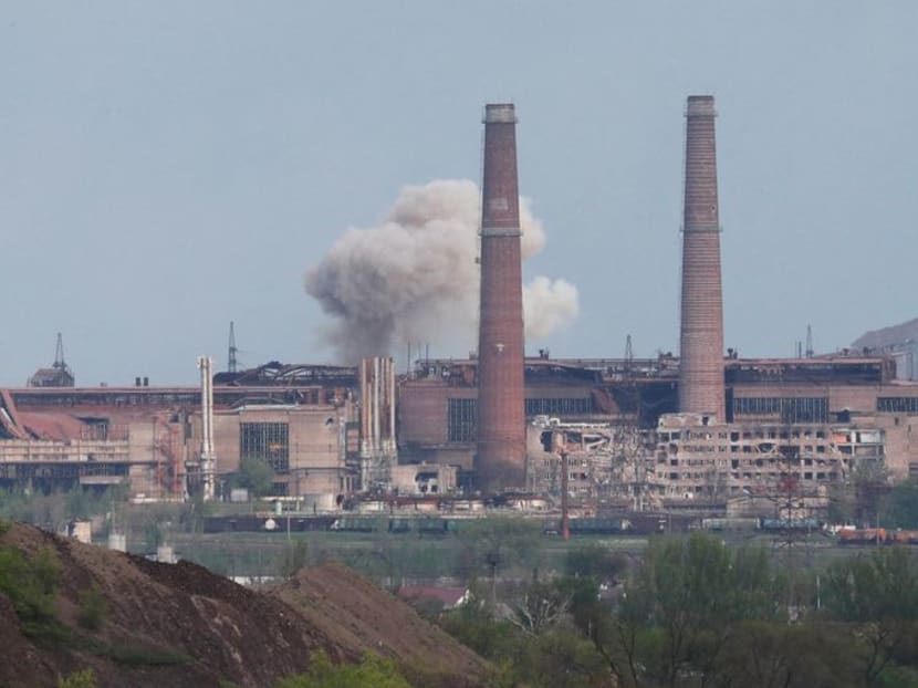 Smoke rises among a plant of Azovstal Iron and Steel Works during Ukraine-Russia conflict in the southern port city of Mariupol, Ukraine May 5, 2022. Smoke rises among a plant of Azovstal Iron and Steel Works during Ukraine-Russia conflict in the southern port city of Mariupol, Ukraine May 5, 2022.