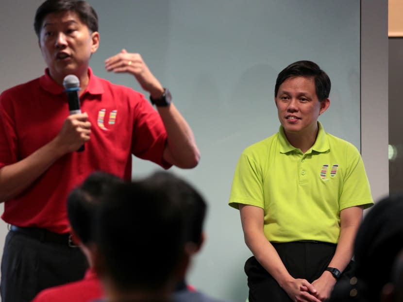 New deputy secretary-general of the National Trades Union Congress (NTUC) Ng Chee Meng speaks, as NTUC secretary-general Chan Chun Sing looks on during a dialogue session with union leaders on Monday (April 23).