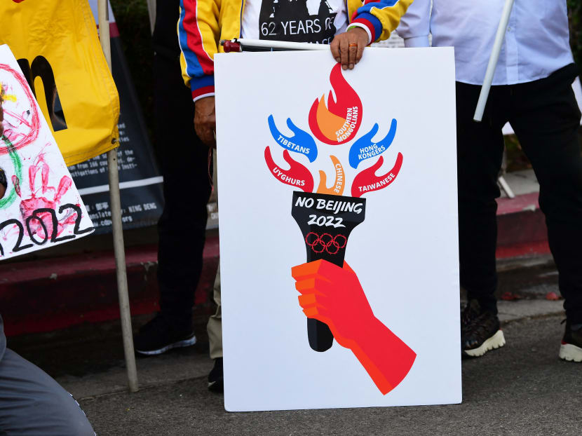 Activists rallied in front of the Chinese Consulate in Los Angeles on Nov 3, 2021, calling for a boycott of the 2022 Beijing Winter Olympics due to concerns over China's human rights record.