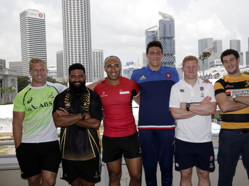 Team captains posing for photo during the press conference of the Societe Generale SCC Rugby 7s. Photo by Wee Teck Hian