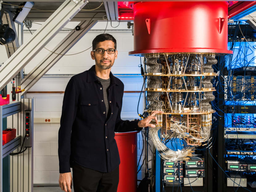 Google CEO Sundar Pichai with its quantum computer machine, which the company says only needs a few minutes to perform a task that would take a supercomputer at least 10,000 years.