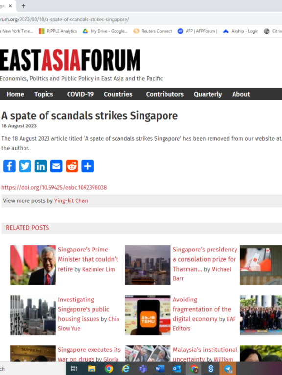 A screenshot of the East Asia Forum website late on Sept 18, 2023 showed that an article written by Dr Chan Ying-Kit has been removed.