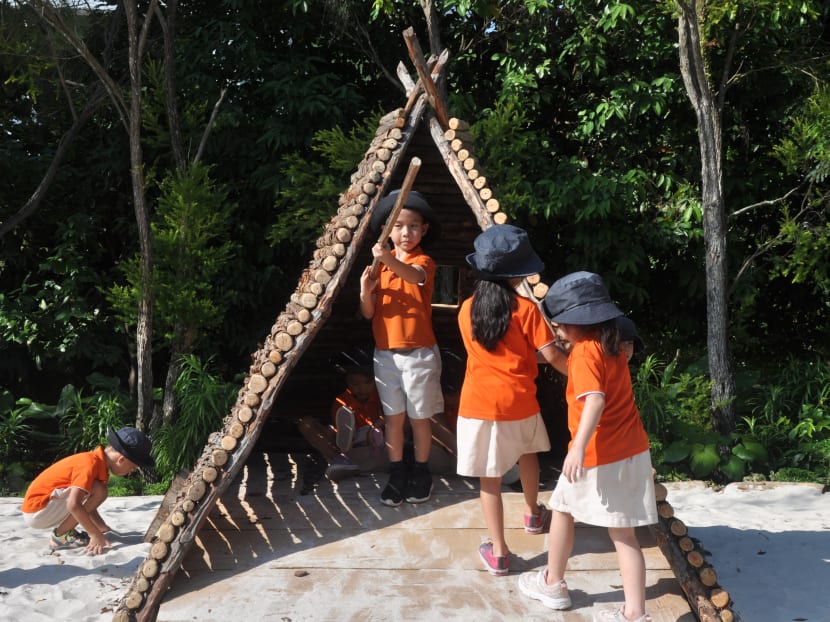 Pre-school children play at the new biophilic playground at HortPark on March 19, 2019.