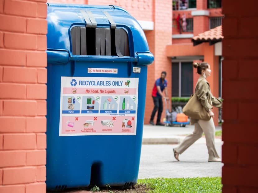 A recycling bin at a HDB block in Choa Chu Kang on May 10, 2023.