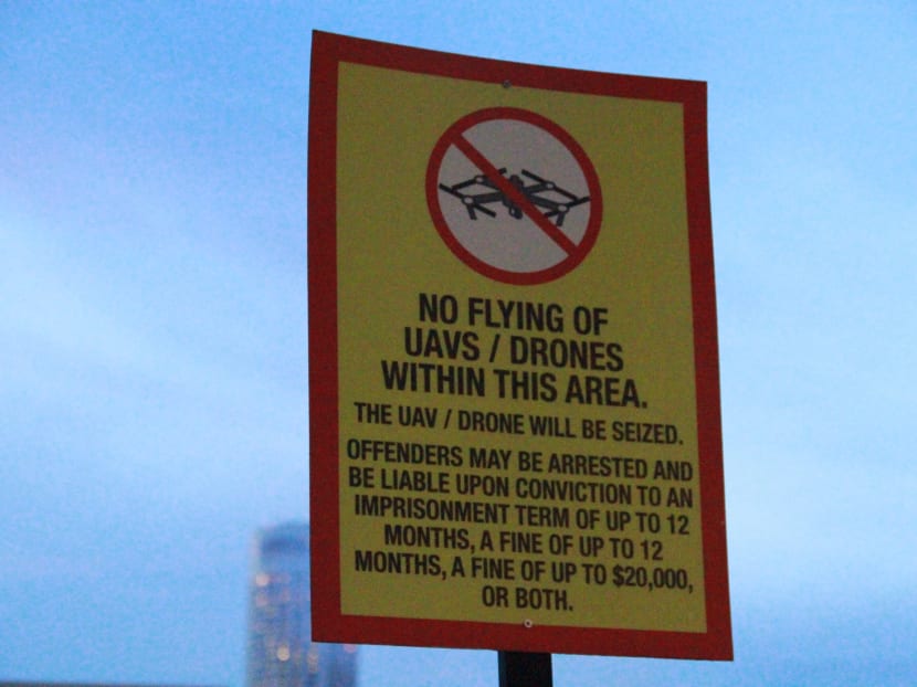 A sign warning against flying of drones near the parade venue during the National Day Parade on August 9, 2017. Photo: Esther Leong/TODAY