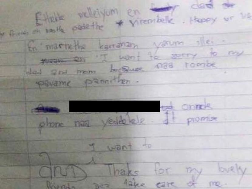A picture of the girl’s note to her parents, written in romanised Tamil and English. Photo: David Marshel via Malay Mail Online